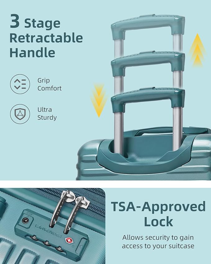 LARVENDER Carry on Luggage 22x14x9 Airline Approved, 20 Inch Hardside Suitcase with Wheels TSA Lock, PC+ABS Lightweight Carry on Suitcases for Women and Men, Lake Green (20/DB/TB)