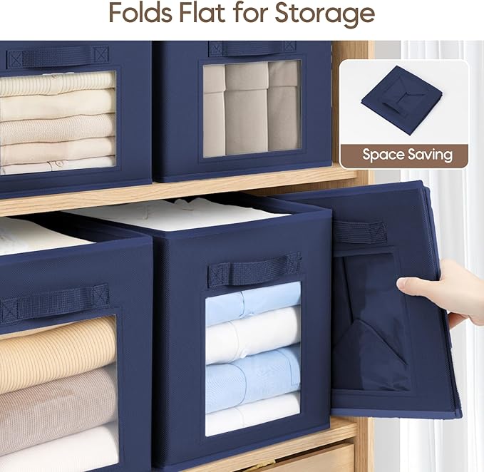 Storage Cube 11 Inch - Cube Storage Bins with Window, Closet Storage Baskets with Handle, Fabric Bins for Closet, Shelves, Toys, Clothes, Set of 16, Navy Blue