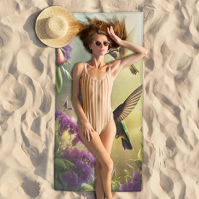 Hummingbird Flower Beach Towel, Large Microfiber Quick Dry Lightweight Pool Bath Towels Sand Free Beach Blanket for Summer Cruise Yoga Camping Travel Vacation Essentials 31 x 61 in