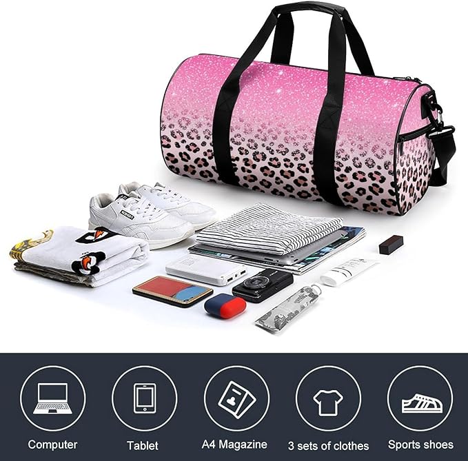 Weekender Carry on Beach Yoga Overnight Luggage Bag Gym Sports Travel Workout Bag Overnight Bags (Pink Glitter Sparkles Cheetah Leopard Print)