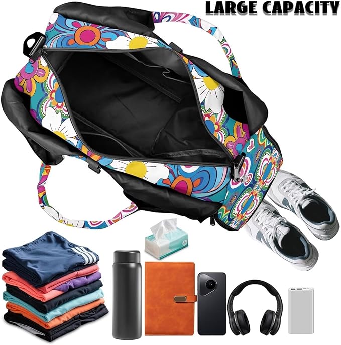 Colorful Hippie Flowers Gym Bag for Women with Shoes Compartment Carry on Weekender Overnight Bags Travel Duffel Bags Sports Workout Yoga Carrier Ladies Gifts