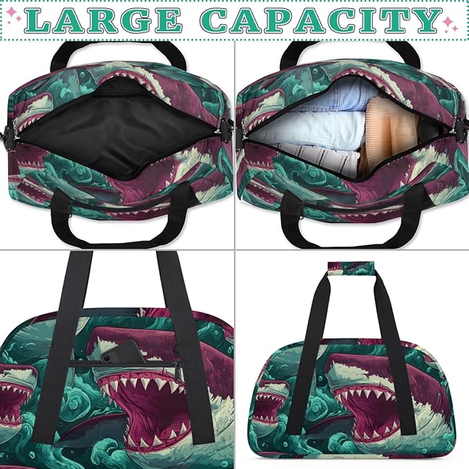 Ocean Red Sharks Gym Travel Duffle Bag for Women & Men with Front Zipper Pocket for Sports, Overnight, Weekender, Carry On,Workout & Dance Bag,Sharks,18.9 * 8.7 * 10.6 in
