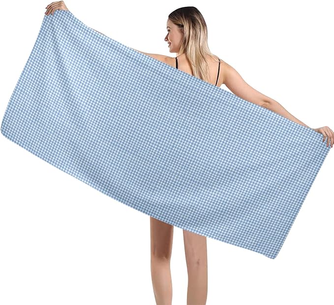 Tiny Blue Checkered Microfiber Beach Towel 29"x58" Soft Large Thin Sand Free Quick Dry Absorbent Compact Towels for Swimming Pool Camping Beach Accessories Vacation Essentials