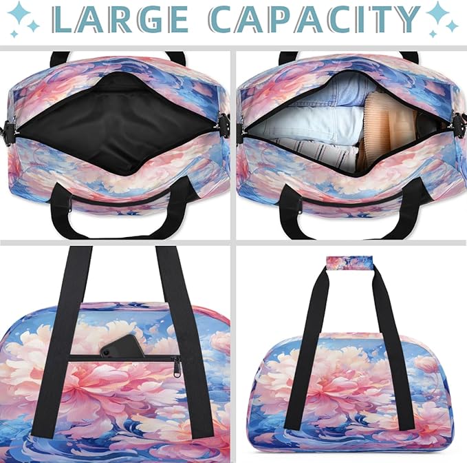 Sports Duffel Bags, Pink Peony Blue Water-Resistant Gym Duffle Bag for Men Women, Lightweight Weekender Overnight Bag for Fitness, Workout, Travel