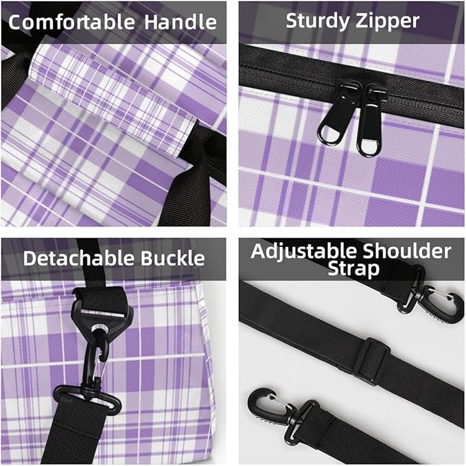 Purple White Plaid Pattern Sports Duffel Bags, Water-Resistant Gym Duffle Bag for Men Women, Lightweight Weekender Overnight Bag for Fitness, Workout, Travel
