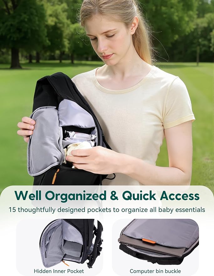 BABELIO Grid Wizard Diaper Bag Backpack - Multi Function Waterproof Diaper Bag, Travel Essentials Baby Bag with 4 Individual Organizers, Insulated Bottle Holders, Baby Shower Gifts, Black