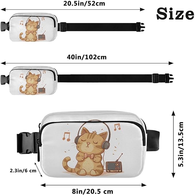 Cat Listening To Music with Headphones Fanny Pack for Women Men Water Resistant Fashion Waist Packs with Adjustable Strap Belt Bag for Travel Workout Jogging Hiking 21218991