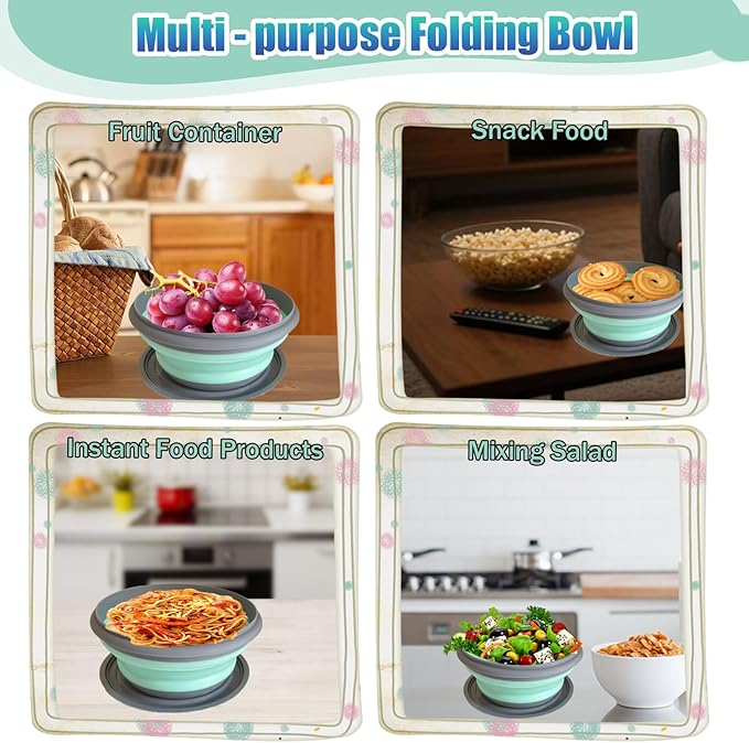 RMAMSCOV 1000ml Collapsible Camping Bowl with Lid,1 Pack Silicone Salad Bowl Serving, Microwave Foldable Soup Ramen Serving for Travel, Picnic, Rv(Blue)