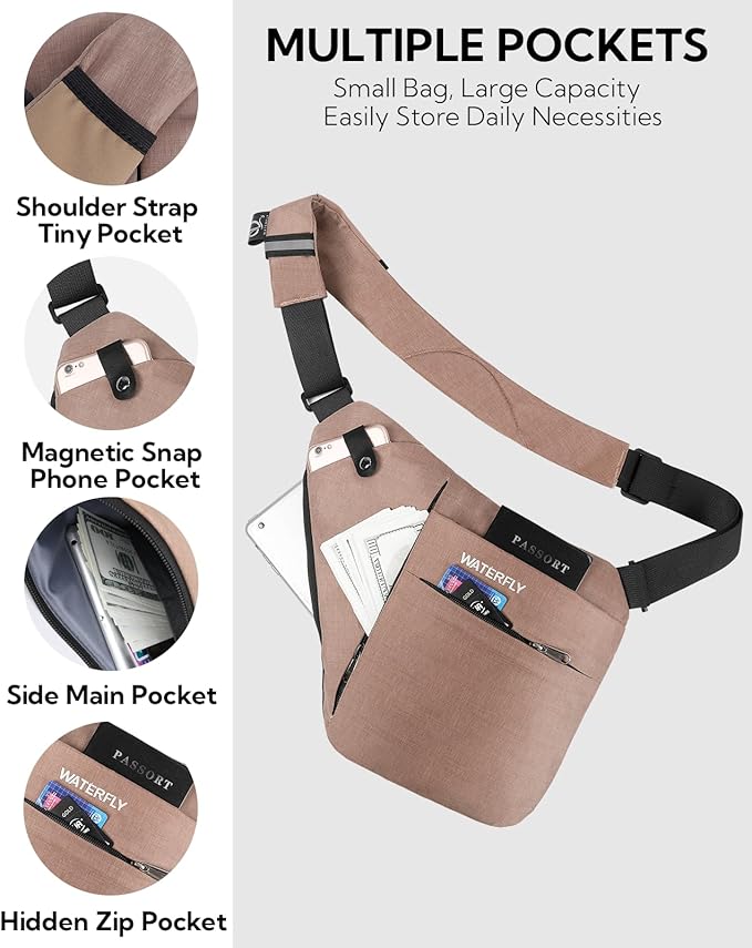 WATERFLY Sling Crossbody Chest Bag: Slim Anti-Theft Cross Body Bag Over Shoulder Backpack Stealth Side Pack Man Woman
