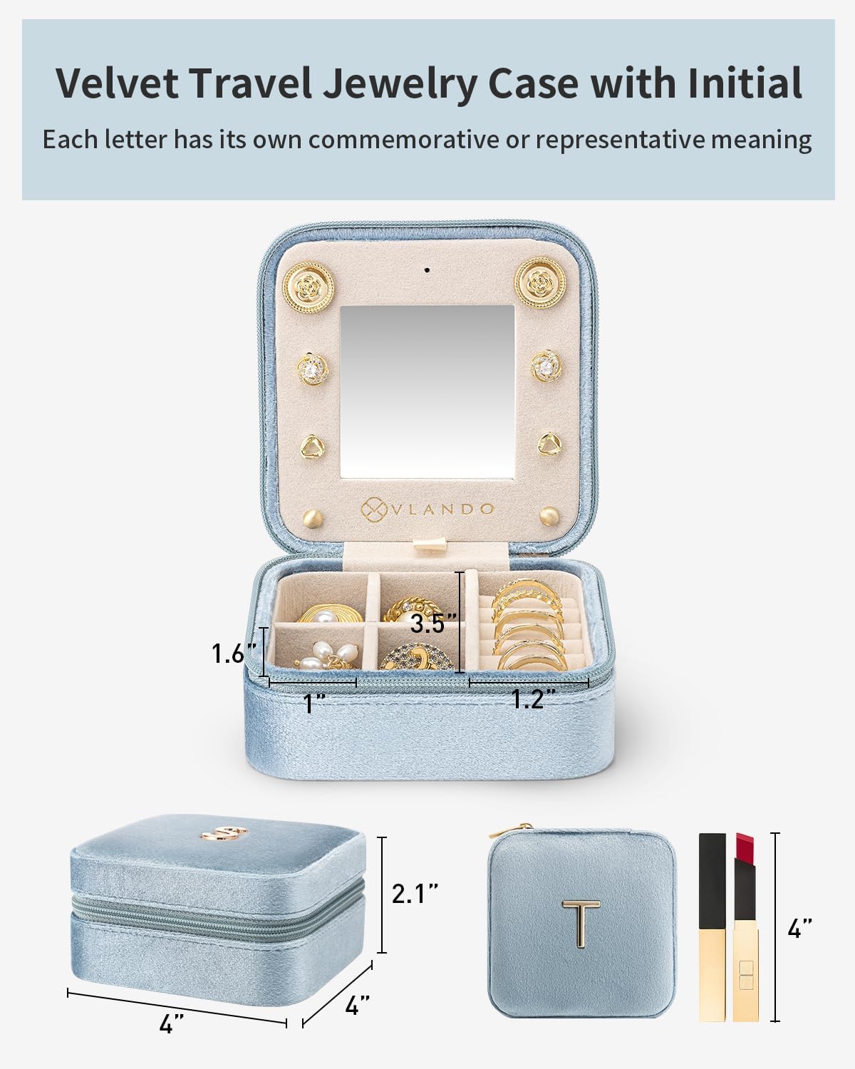 Vlando Mom Gifts for Women, Travel Jewelry Case for Mother Gifts, Travel Gifts for Mother Mom from Daughters, Travel Essentials Small Jewelry Box, Jewelry Travel Organizer - Letter T, Blue
