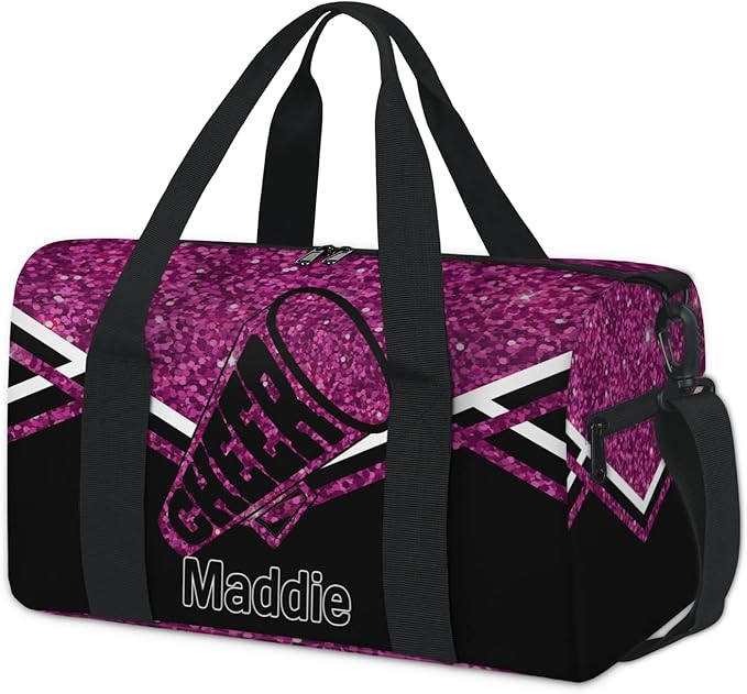 Personalized Travel Bag Cheerleading Team Name, Cheerleader Dance Bag Gym Weekender Bags Sports Tote Duffel Bag, DarkMagenta Purple Glitters