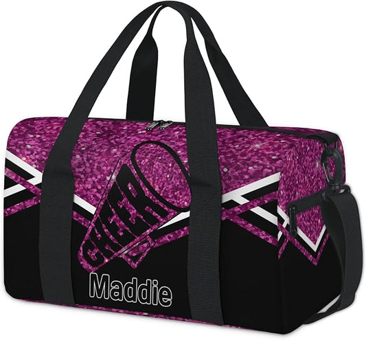 Personalized Travel Bag Cheerleading Team Name, Cheerleader Dance Bag Gym Weekender Bags Sports Tote Duffel Bag, DarkMagenta Purple Glitters
