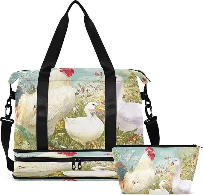 Travel Duffel Bags for Women Farm Chicken & Duck Watercolor Pattern Sports Duffel Bags Gym Bags with Shoes Compartment Tote Bag Weekender Bag for Travelling