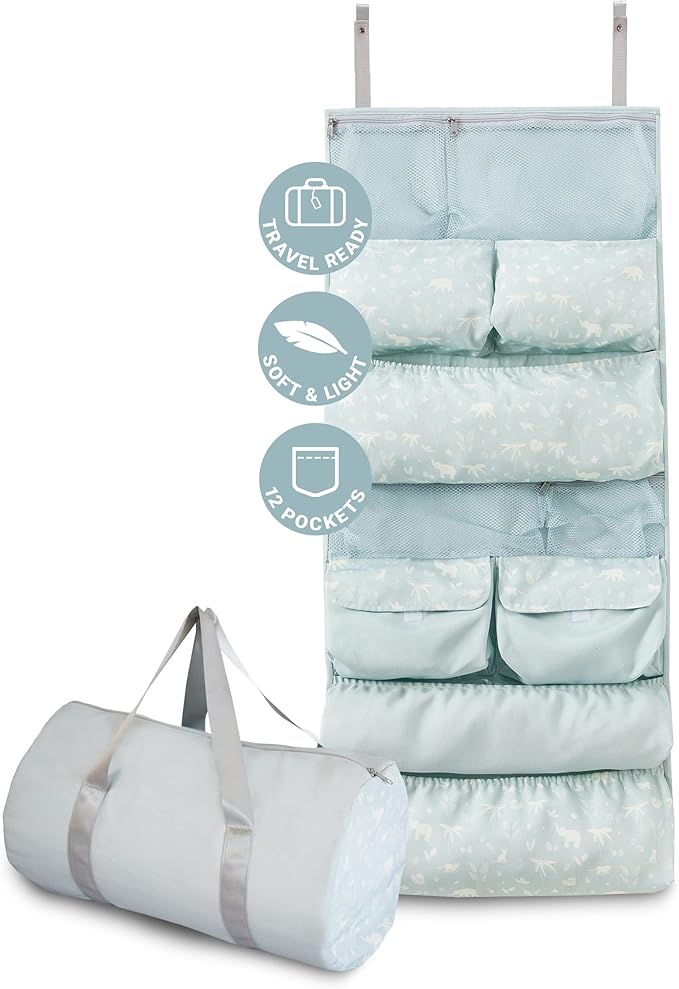 BabyToLove Crib & Caddy Organizer | Portable Hanging Storage for Baby Essentials | Nursery or Travel Use | Green Tropic