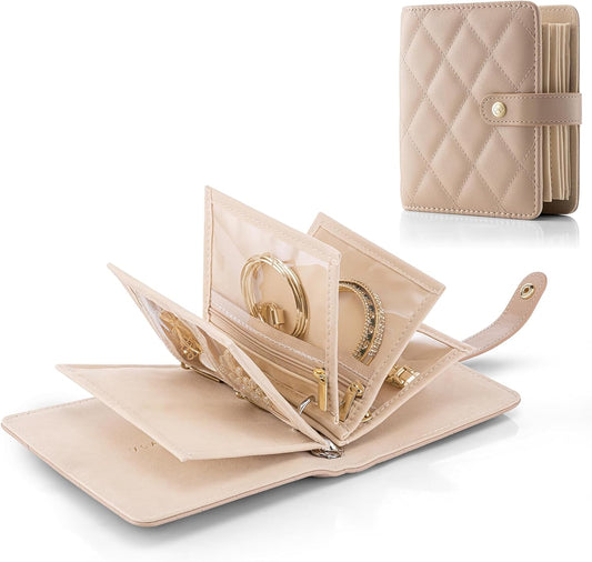 Vlando Travel Jewelry Case,Portable Jewelry Organizer Storage Book with Clear Zipper Velvet Jewelry Pouch Bag Gifts for Traveler Women Girls-Toffee