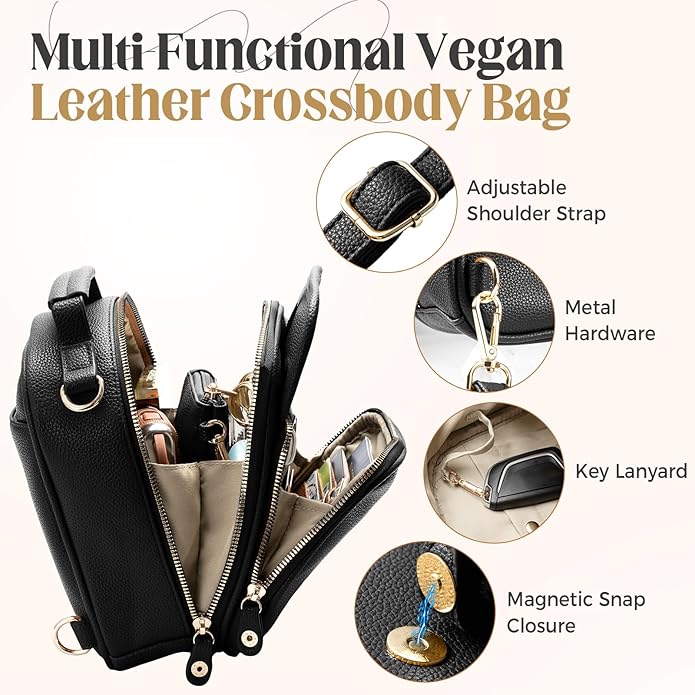 Vegan Leather Crossbody Bag for Women with 2 Straps, Small Messenger Bag with Anti Theft Zipper Pocket Vintage Shoulder Bag