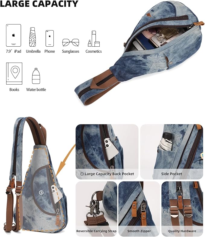 KL928 Canvas Sling Bag - Small Crossbody Backpack Shoulder Casual Daypack Rucksack for Men Women(Blue-white Washed)
