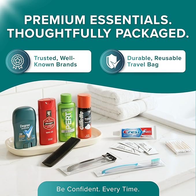 TrekTote 15 Piece Set Men’s Travel & Hygiene Kit with Clear Toiletry Bag, Grooming & Personal Care Essentials, Single Kit or Bulk Case Packs
