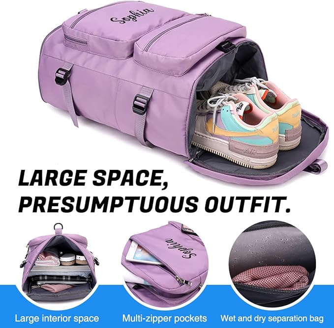 Personalized Sports Duffel Bag, 35L Custom Embroidered Gym Backpack for Men Women, Travel Weekender Bag with Shoe & Laptop Compartment, Carry On Overnight Workout Bag(Light Blue)