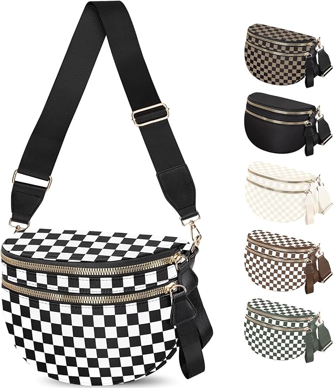 Spacious Nylon Checkered Crossbody Bum Bag for Women, Fashion Checkerboard Fanny Pack Purse with Anti-theft Pocket, Adjustable Wider Strap Wasit Bag (Black-White)