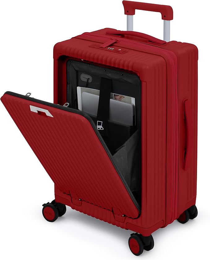Nobl Travel Carry On Expandable Luggage, Noble Aluminum Frame PC Hard Shell Suitcase, 22.5”x14.2”x9.8” Airline Approved, 360° Spinner Wheels, TSA Locks, USB Charging, Cup & Phone Holder - Cherry Red