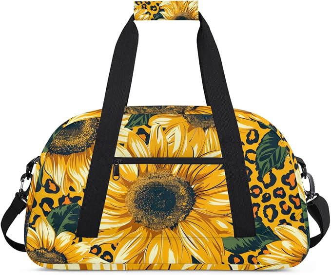 Leopard Yellow Sunflower Gym Travel Duffle Bag for Women & Men with Front Zipper Pocket for Sports, Overnight, Weekender, Carry On,Workout & Dance Bag,Yellow Flower Floral,18.9 * 8.7 * 10.6 in