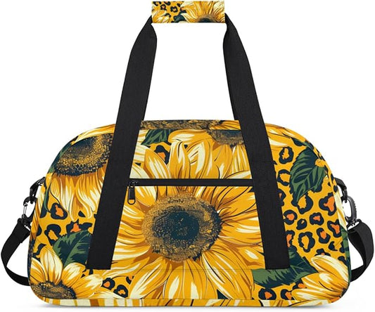 Leopard Yellow Sunflower Gym Travel Duffle Bag for Women & Men with Front Zipper Pocket for Sports, Overnight, Weekender, Carry On,Workout & Dance Bag,Yellow Flower Floral,18.9 * 8.7 * 10.6 in