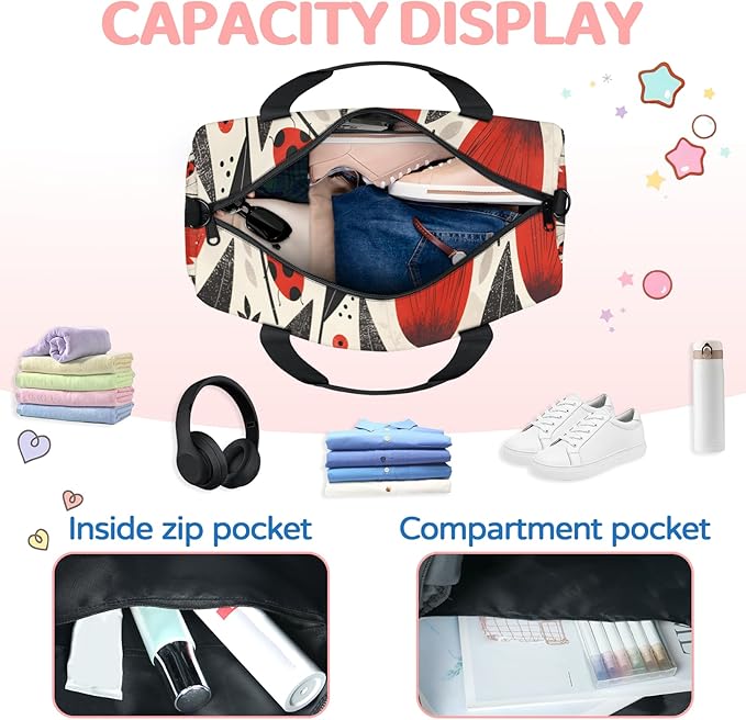Red Flowers Ladybugs Travel Duffle Bag for Men Women, Lightweight Sport Gym Bag Tote Overnight Weekender Carry on Tote