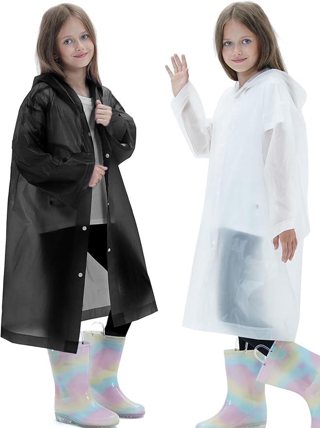2 Pack Raincoats for Kids, Reusable Rain Ponchos with Hood and Sleeves Rain Coats for Boys and Girls