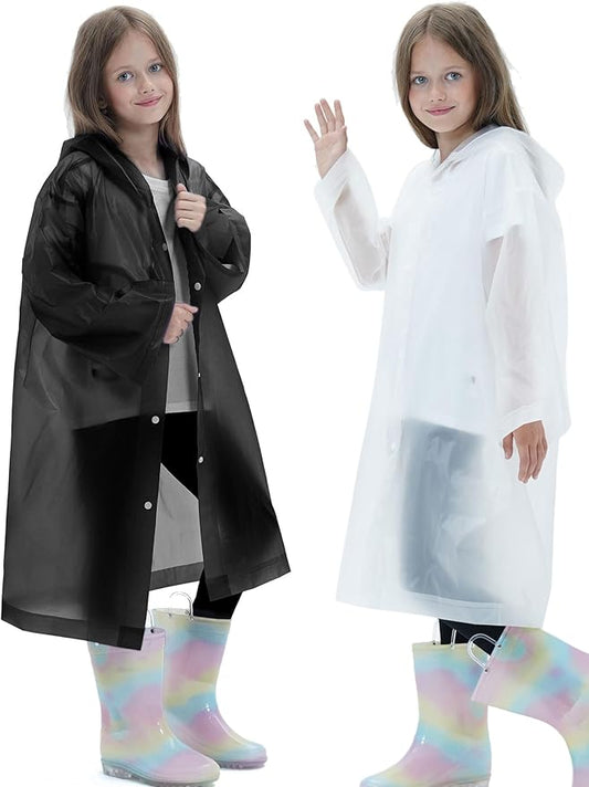 2 Pack Raincoats for Kids, Reusable Rain Ponchos with Hood and Sleeves Rain Coats for Boys and Girls