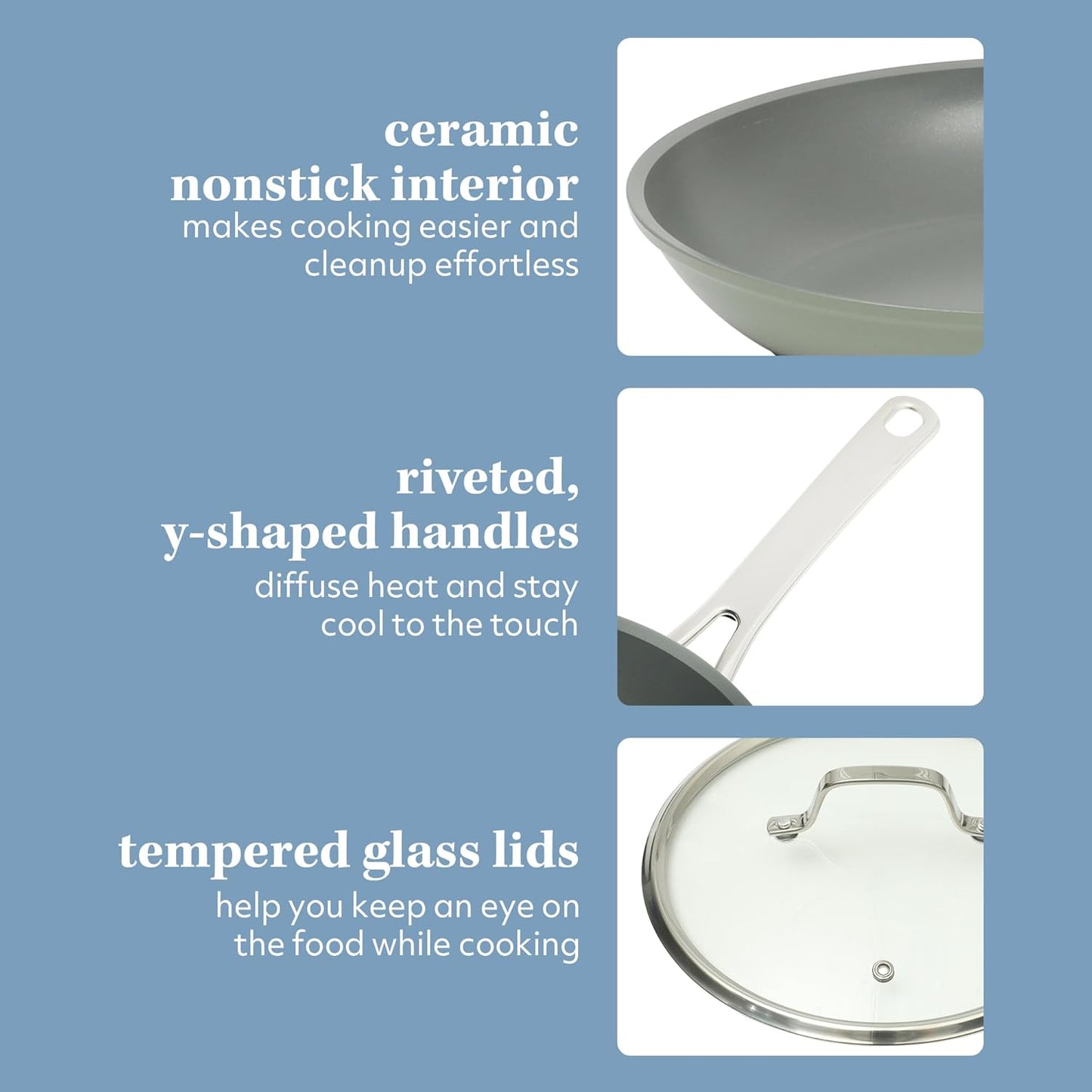 Sur La Table Kitchen Essentials Cool Commune Hard Anodized 10 Piece PFA Free Ceramic Non stick Interior Forged Durable Aluminum Pots and Pans Cookware Set - Green - Induction Compatible