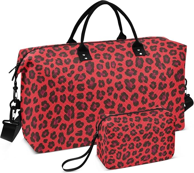Travel Duffle Bag, Red Leopard Print Cheetah Gym Bag with Storage Bag Weekender Overnight Bag for Men Women Trip Sports Yoga