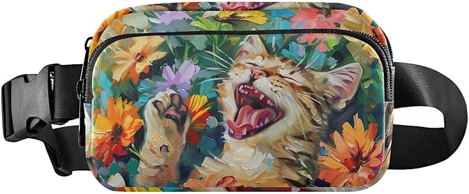 Cat Flower Oil Painting Fanny Pack for Women Men Water Resistant Fashion Waist Packs with Adjustable Strap Belt Bag for Travel Workout Jogging Hiking 21220497