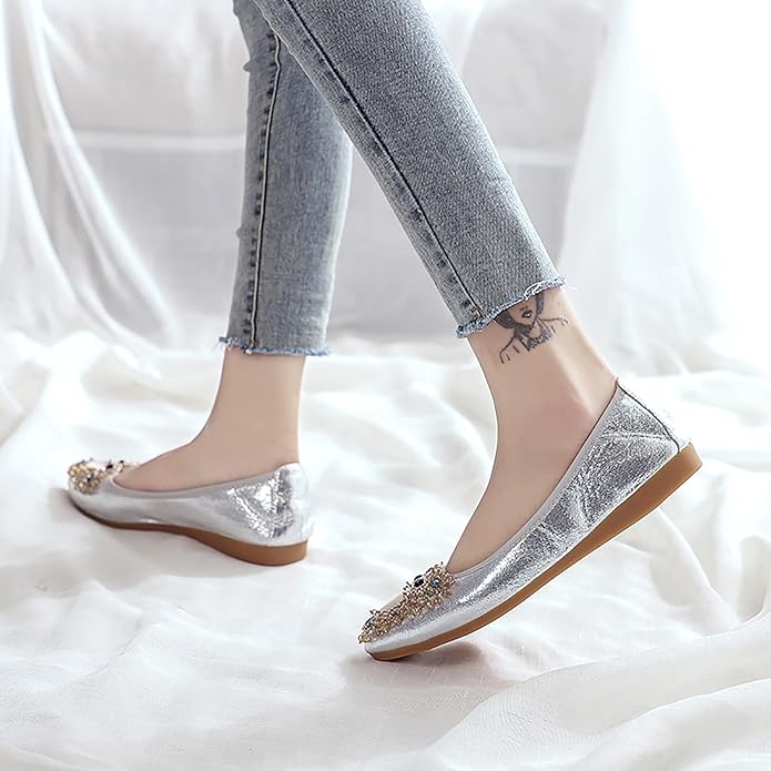 Women Ballet Flats Sparkly Rhinestone Wedding Ballerina Shoes Pointed Toe Foldable Comfort Slip on Flat Dress Shoes