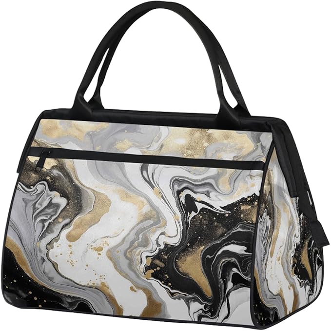 White Golden Black Marble Print Travel Duffel Bag, Waterproof Sports Gym Duffle Bag, Large Capacity Weekender Carry On Overnight Bags for Women Men