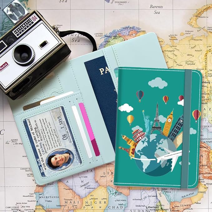 PU Leather Passport Holder Cover 5.9×4.3 Inch with Credit Card Slot and Boarding Pass Slot Combo Blocking Passport Holder Wallet Cover Case for Travel Boarding Essentials (Landmarks)