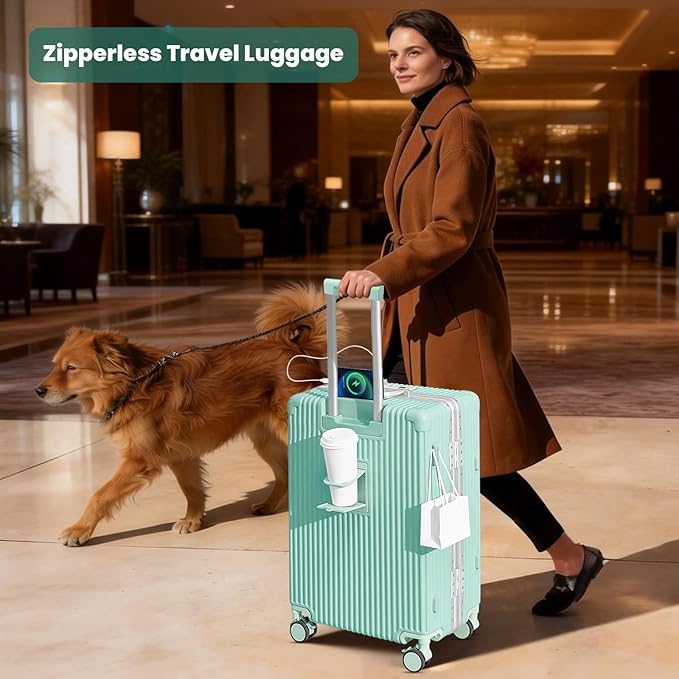 20 Inch Aluminum Frame Carry On Luggage with Front Pocket, USB Port, Phone Holder & Cup Holder, Hard Shell Spinner Suitcase for Airplane Travel, Mint Green