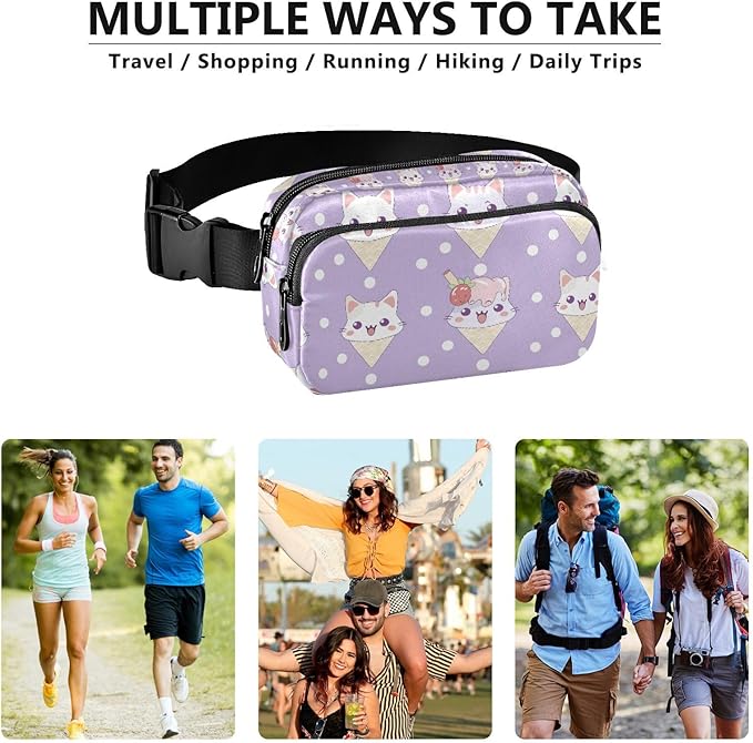 Kawaii Cat Ice Cream Polka Dots Fanny Pack for Women Men Water Resistant Fashion Waist Packs with Adjustable Strap Belt Bag for Travel Workout Jogging Hiking 21219102