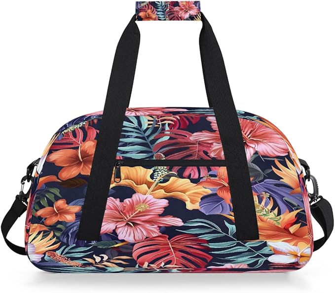 Travel Duffle Bag, Navy Tropical Flower Waterproof Weekender Overnight Bags for Women Men Lightweight Carry on Duffle Gym Bag for Travel, Sports, Fitness, Workout