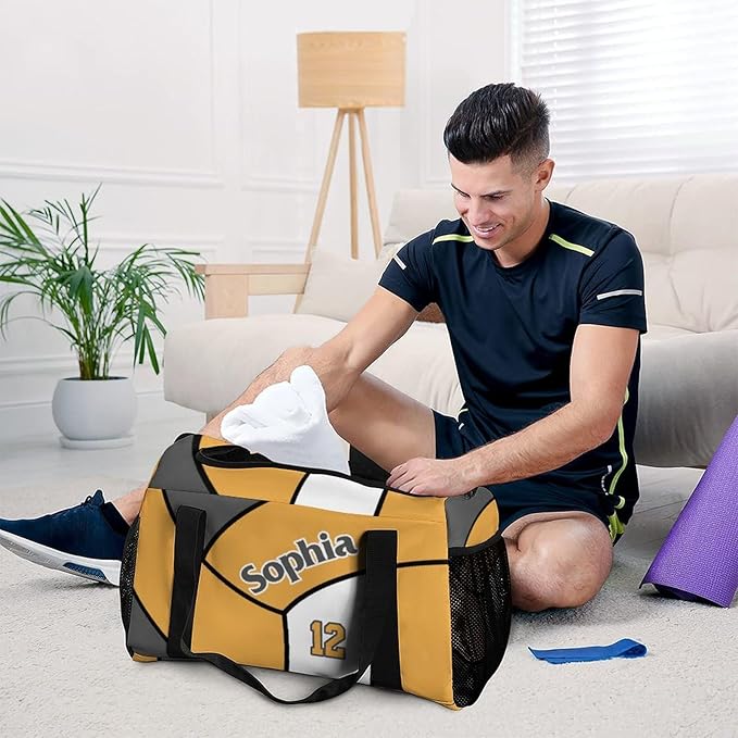 Custom Volleyball Gold Duffel Bag with Name Personalized Travel Bags Sport Gym Bag Carry On Weekender Bags for Men Women