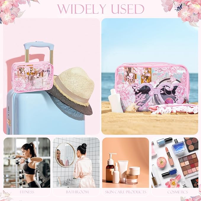 Set of 10 Clear Floral Cosmetic Bags PVC Makeup Bags Waterproof Travel Organizer Toiletry Pouches for Wedding Birthday Baby Shower Party Ideal Gift for Women Nurse Bridesmaid(Pink)
