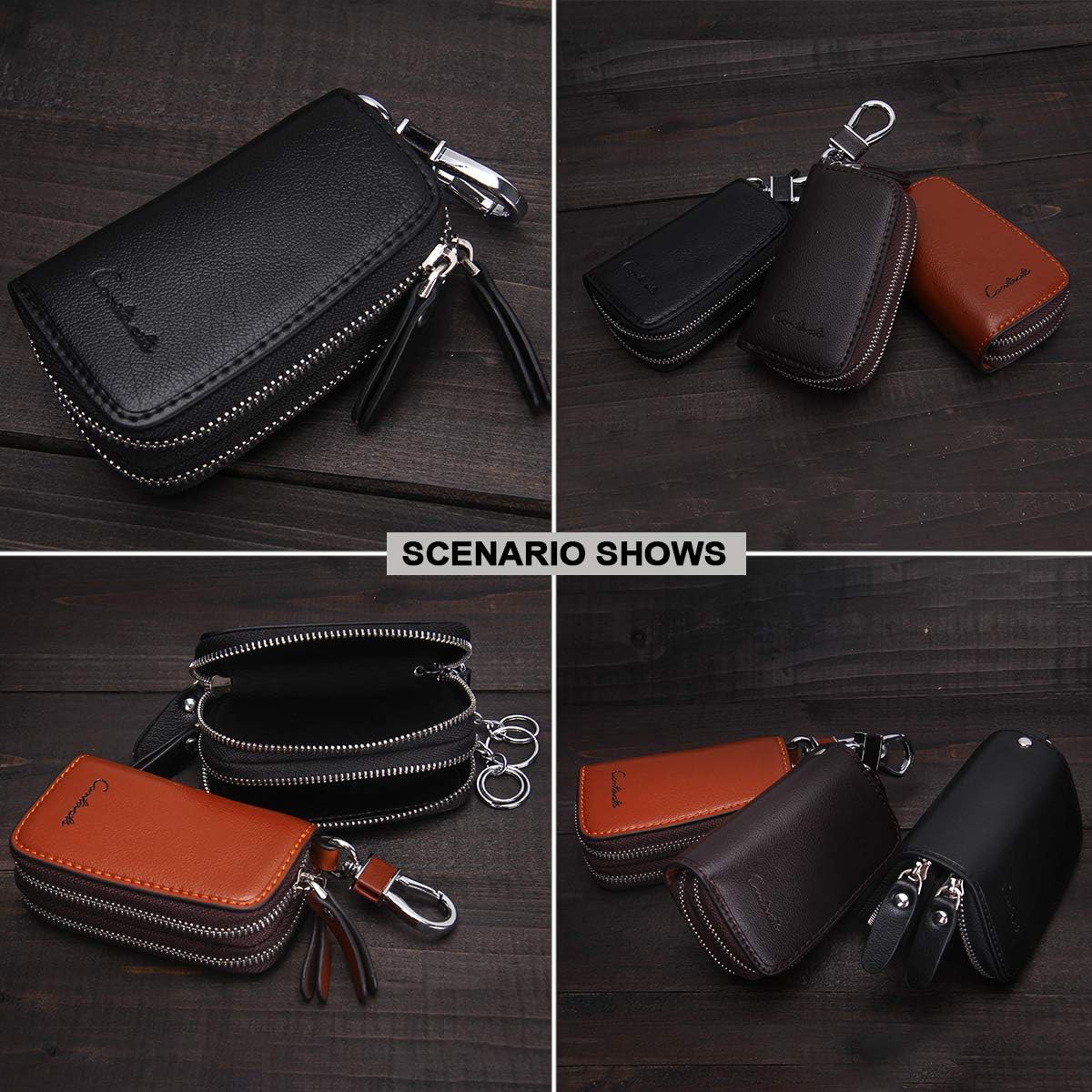 CONTACTS Car Key Case Small Leather Double Zipper Key Holder with 4 Keyrings Keys Organizer for Men Women