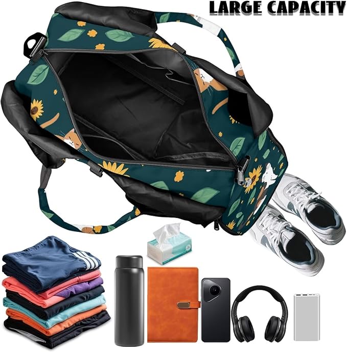 Cute Cat Workout Bag for Women with Yoga Mat Holder and Shoe Compartment Sunflower Gym Bag Water Resistant Gym Duffel for Swimming, Stylish Fitness Green Duffel Bag