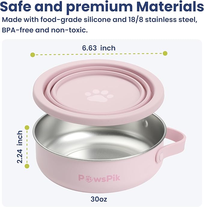 PawsPik 2-in-1 Travel Dog & Cat Bowl – Collapsible BPA-Free Silicone & 18/8 Stainless Steel, Portable & Non-Slip with Handle, Easy to Clean, Food & Water Bowl for On-The-Go Pets (Cherry Blossom Pink)