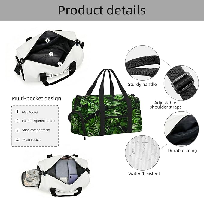 Sports Gym Bag Palm Tree Monstera Leaves Tropical Travel Duffel Bag With Shoe Compartment Shoulder Strap, Lightweight Water-Resistant Weekend Overnight Totes For Women Men