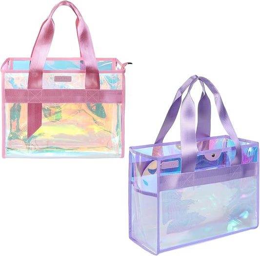 2-Piece 26L Iridescent Beach Bags for Women,Purple Beach Tote Bag & Pink Clear Tote Bag, Large Waterproof Beach Bags for Family Summer Travel Essentials
