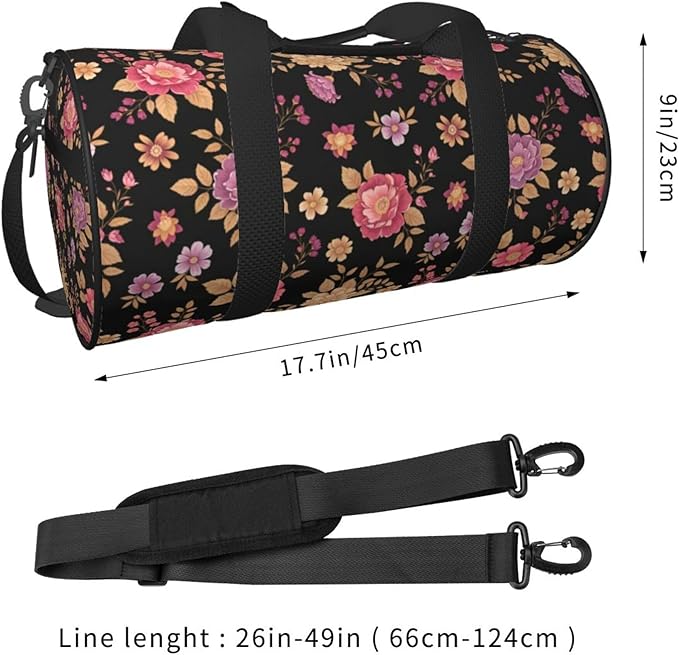 Sports Gym Duffel Bag Vintage Pink Rose Flowers Floral Black for Men Women Waterproof Weekender Travel Bag for Training Swim Yoga