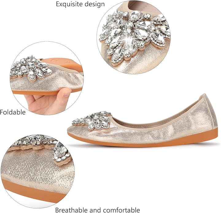 KUNWFNIX Women Ballet Flats Rhinestone Wedding Ballerina Shoes Foldable Sparkly Comfort Slip on Flat Shoes