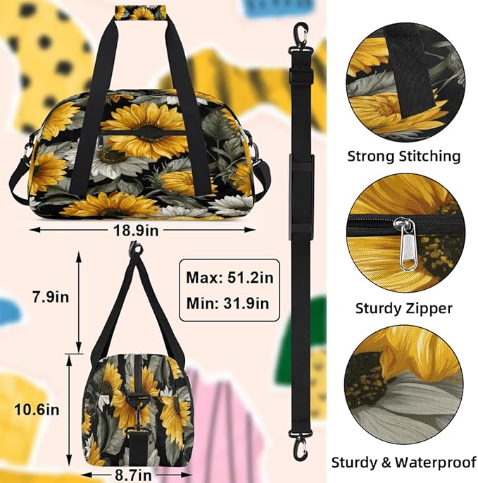 Kids Duffle Bag Girls Boys Yellow Gray Sunflowers Art Weekender Overnight Bag,Lightweight Duffel Bags for Traveling Gym Sport Dance