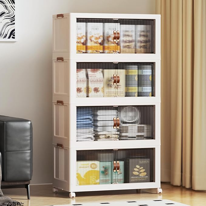SAILUN 508Qt Extra Large Stackable Storage Bins Folding Collapsible Storage Bins with Lid, Closet Organizers and Storage Box with Door Beige 28" W x 17" D x 61" H